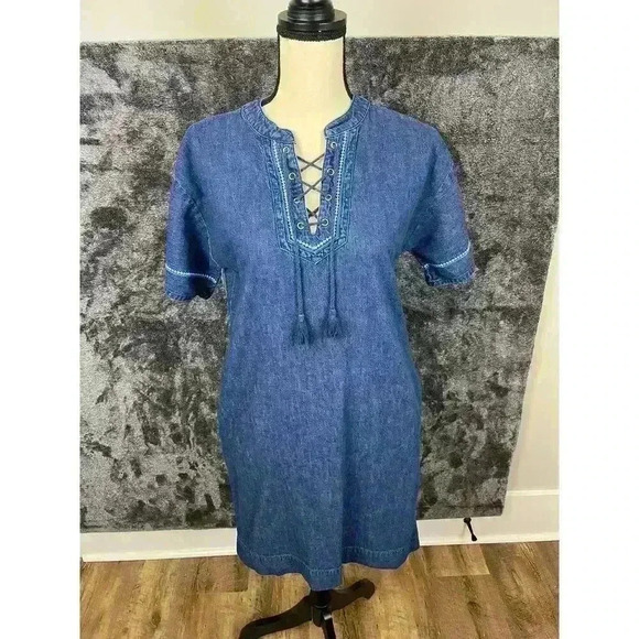 Vtg Lauren Ralph Lauren Denim Shift Dress Pockets Lace Up Front Short Sleeve 2 - Picture 1 of 13